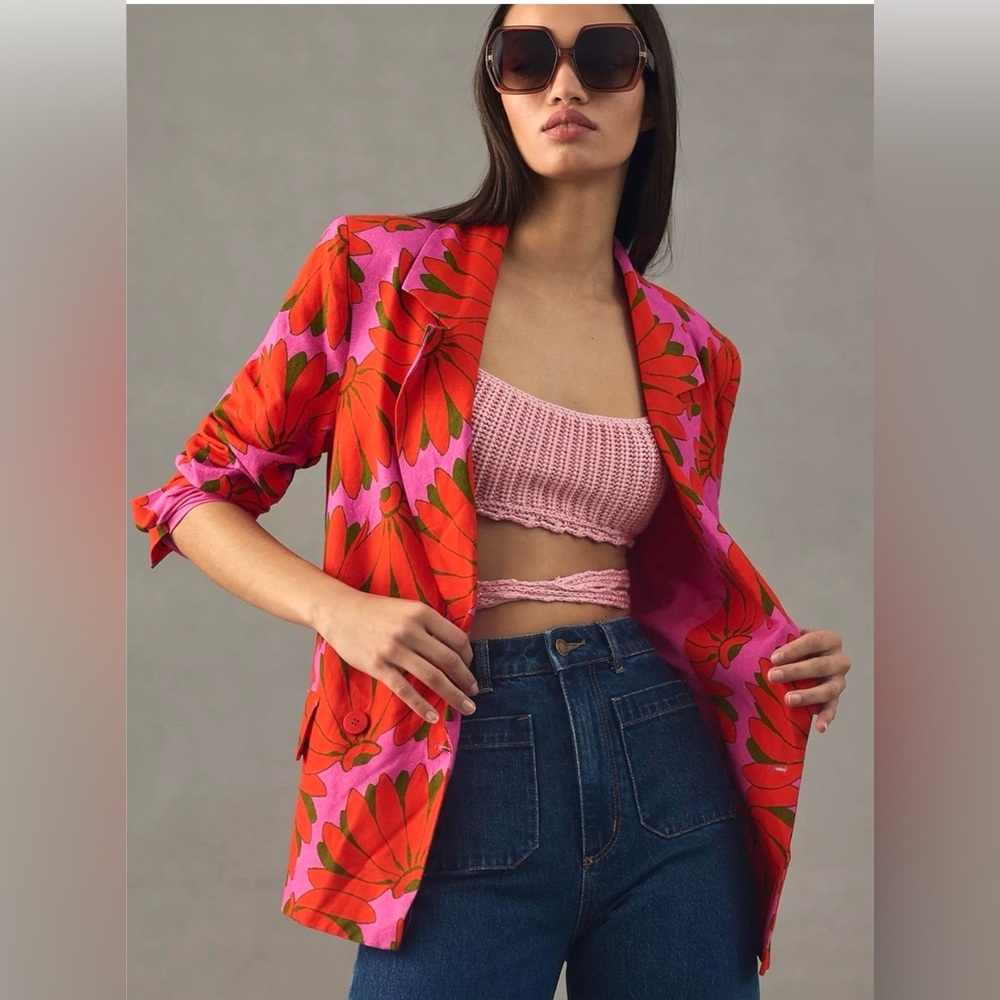 Farm Rio Copacabana Floral Banana Leaf Linen Blazer in Pink Red Green Size XL